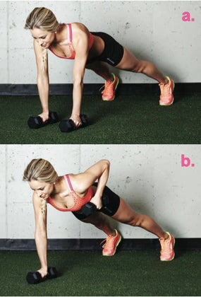 woman performing a plank row as part of an upper body strength workout