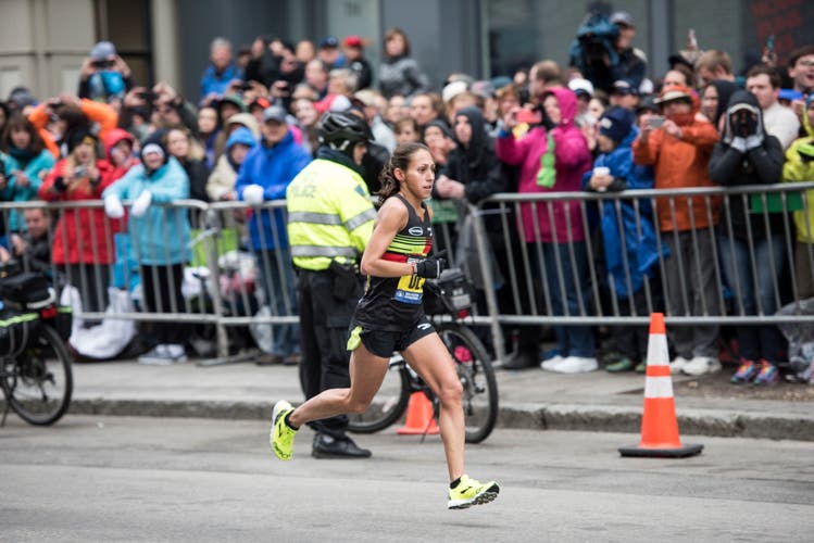 Desiree Linden placed fourth overall and first for the American women at the 2015 Boston Marathon. Photo: Scott Draper