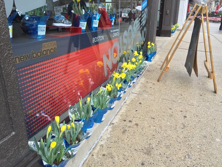 Marathon daffodils decorate every corner of the finish-line area in Copley Square, including inside the Boston Public Library and surrounding restaurants and shops. Photo: Caitlyn Pilkington