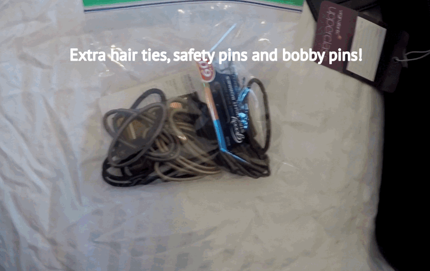 7 hair ties safety pins bobby pins