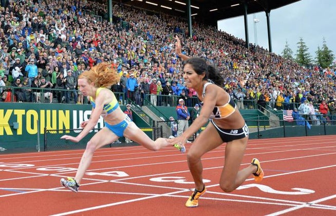 Jul 10, 2016; Eugene, OR, USA; Brenda Martinez (right) outleans Amanda Eccleston to finish third in the women's 1,500m, 4:06.16 to 4:06.19, during the 2016 U.S. Olympic Team Trials at Hayward Field. Mandatory Credit: Kirby Lee-Press-Enterprise