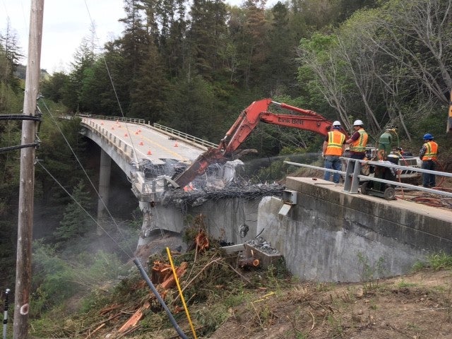 Early demolition work at the Pfeiffer Canyon Bridge. Photo courtesy of CalTrans.