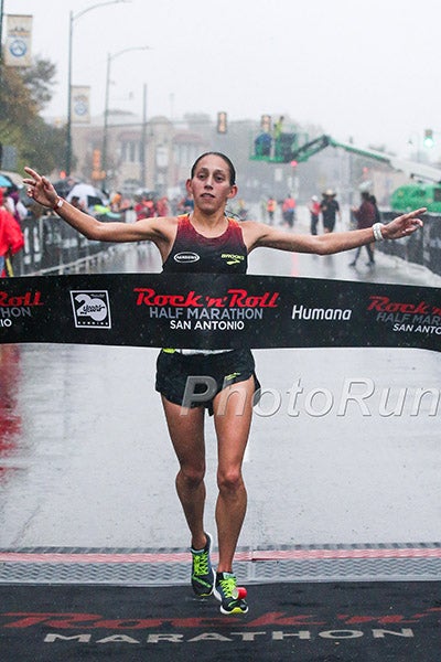 Desiree Linden breaking the tape at the Rock 'n' Roll San Antonio Marathon last fall. Photo by PhotoRun.