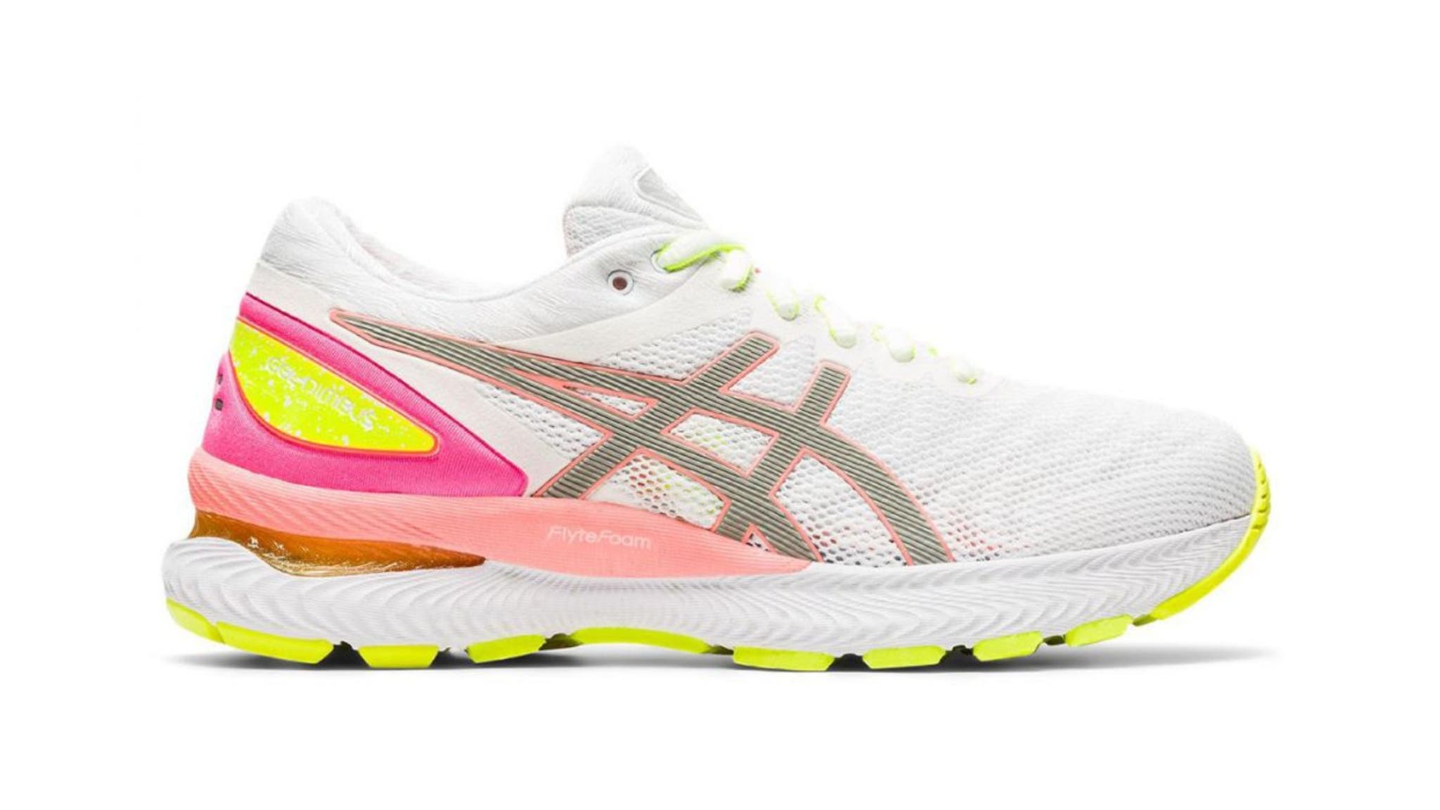White, coral, and yellow Asics