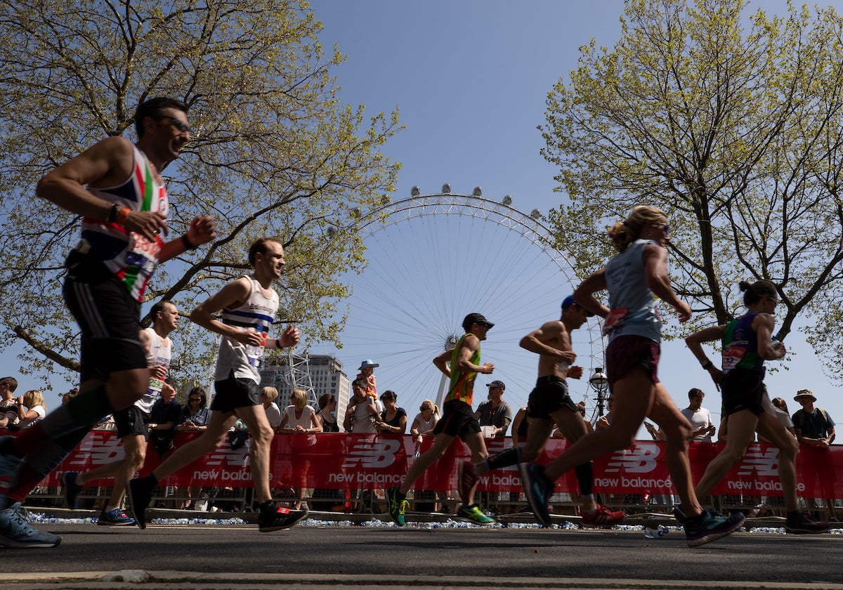 Photo: Ian Walton for Virgin Money London Marathon

Runners pass the London Eye during the 2018 London Marathon.