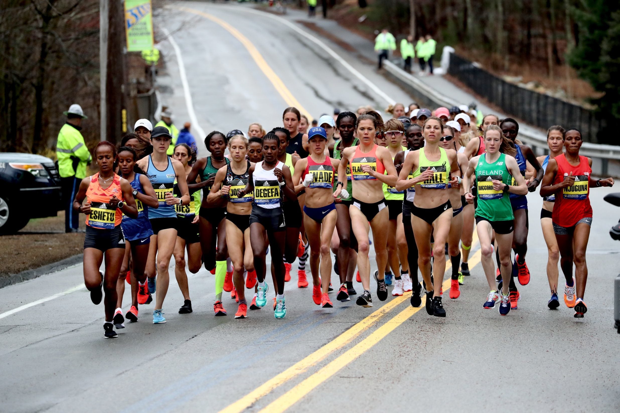 The elite women start the 2019 Boston Marathon.