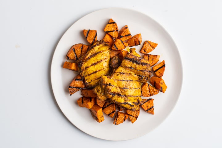Curry chicken with sweet potato wedges