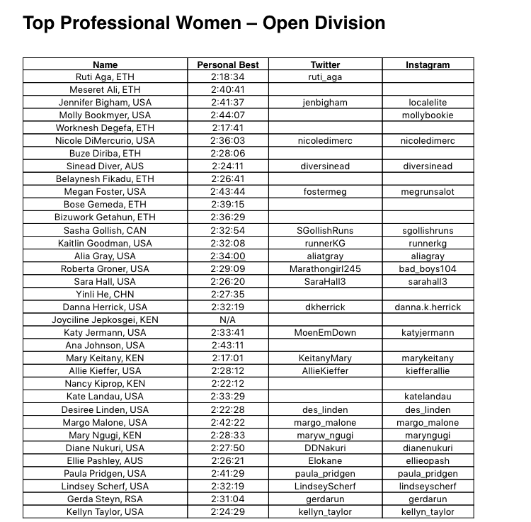 2019 New York City Marathon Professional field.