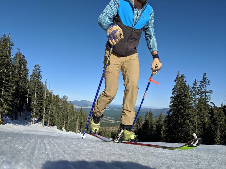 Uphill skiing requires a lot of gear.