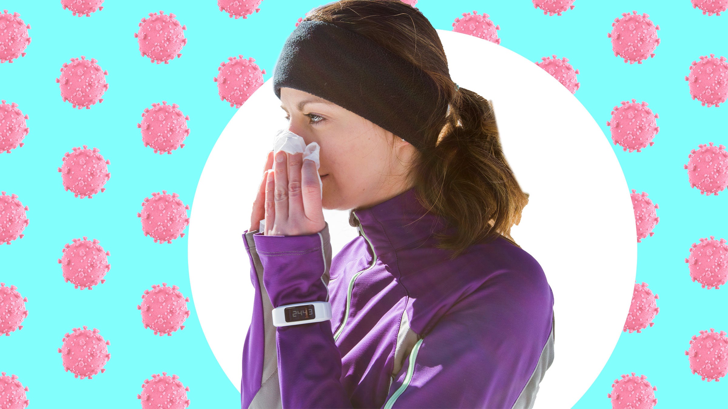 Female runner athlete blowing nose superimposed on a viral background