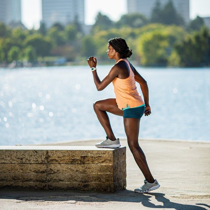 Alysia Montano in the starting position of a step up