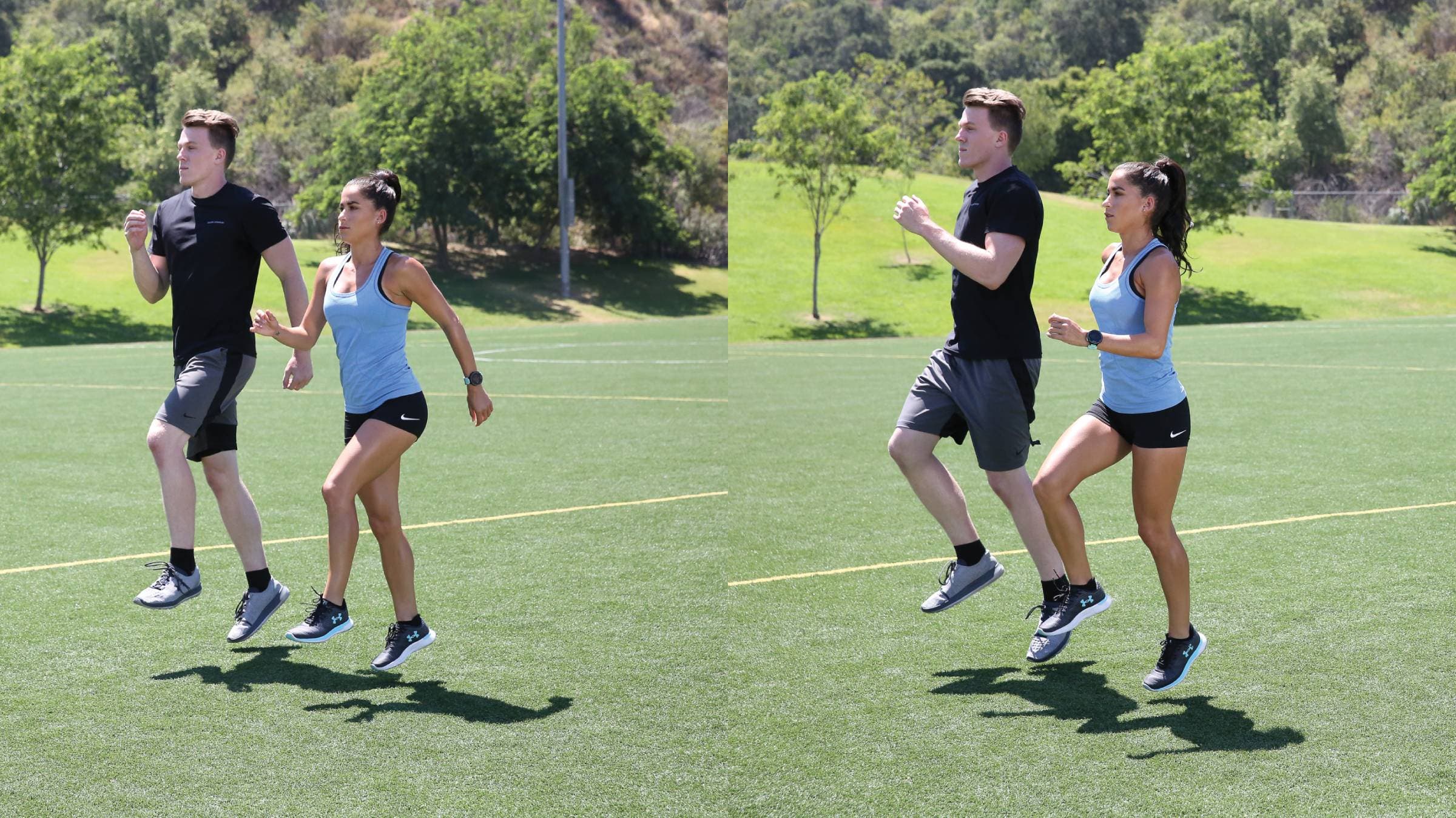 Man and woman skipping with feet low to the ground as a way to increase running speed