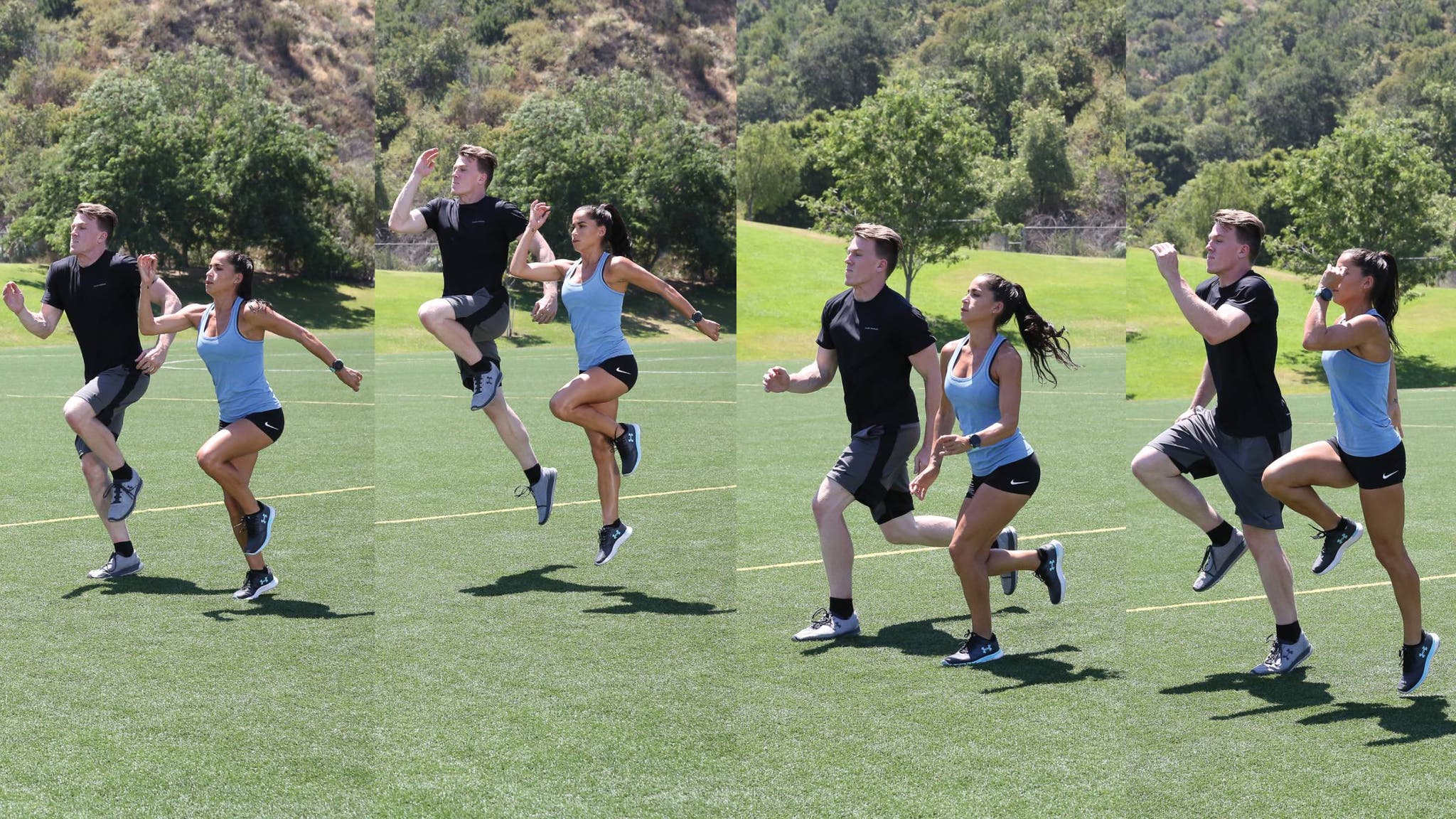 Man and woman high skipping