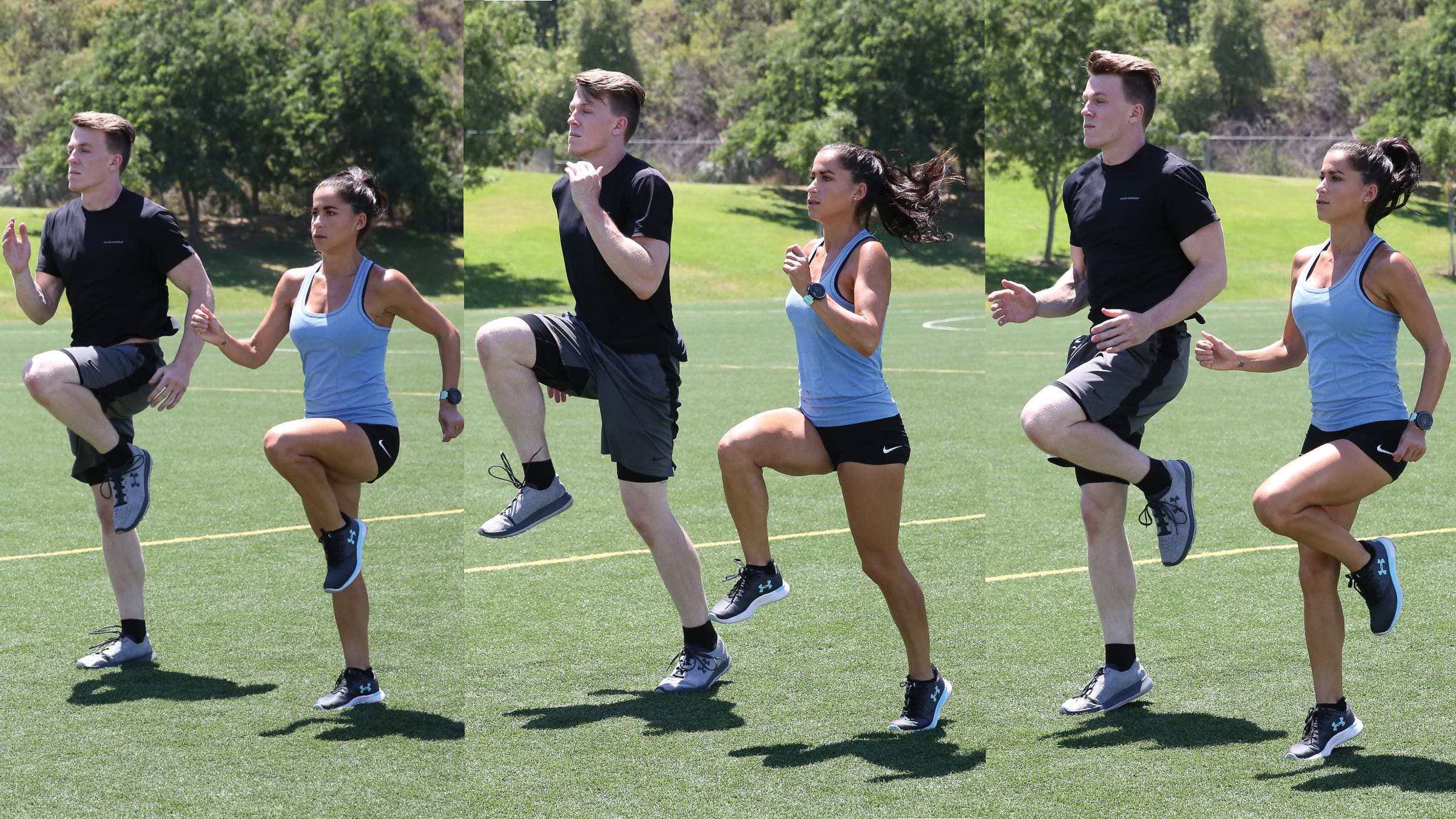 Man and woman performing high knees as a way to increase running speed