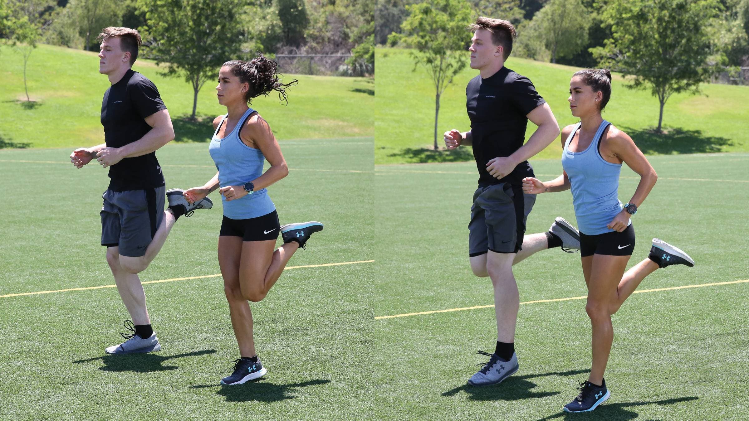 Man and woman performing butt kicks