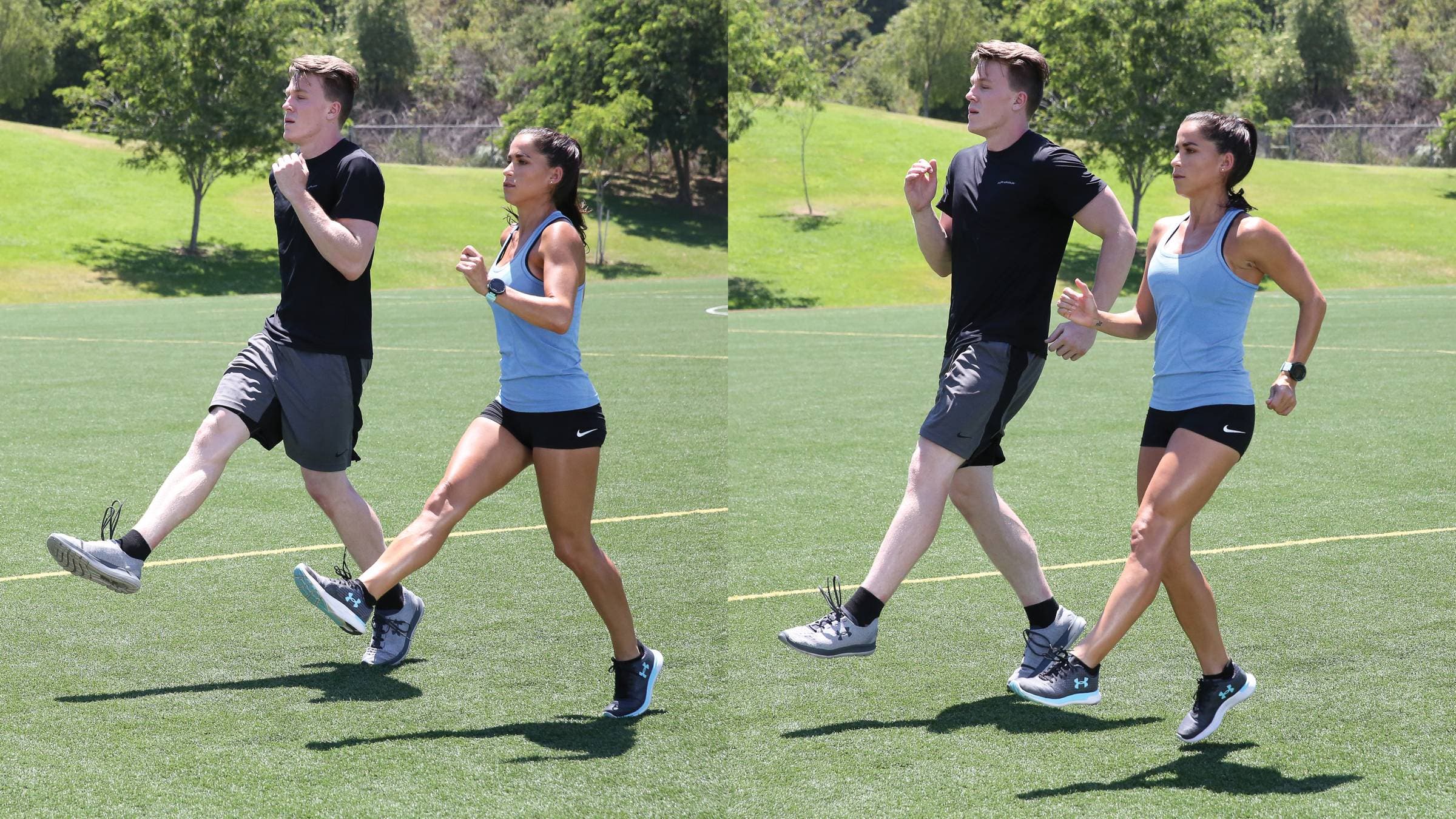 Man and woman performing straight-leg bounding to increase running speed