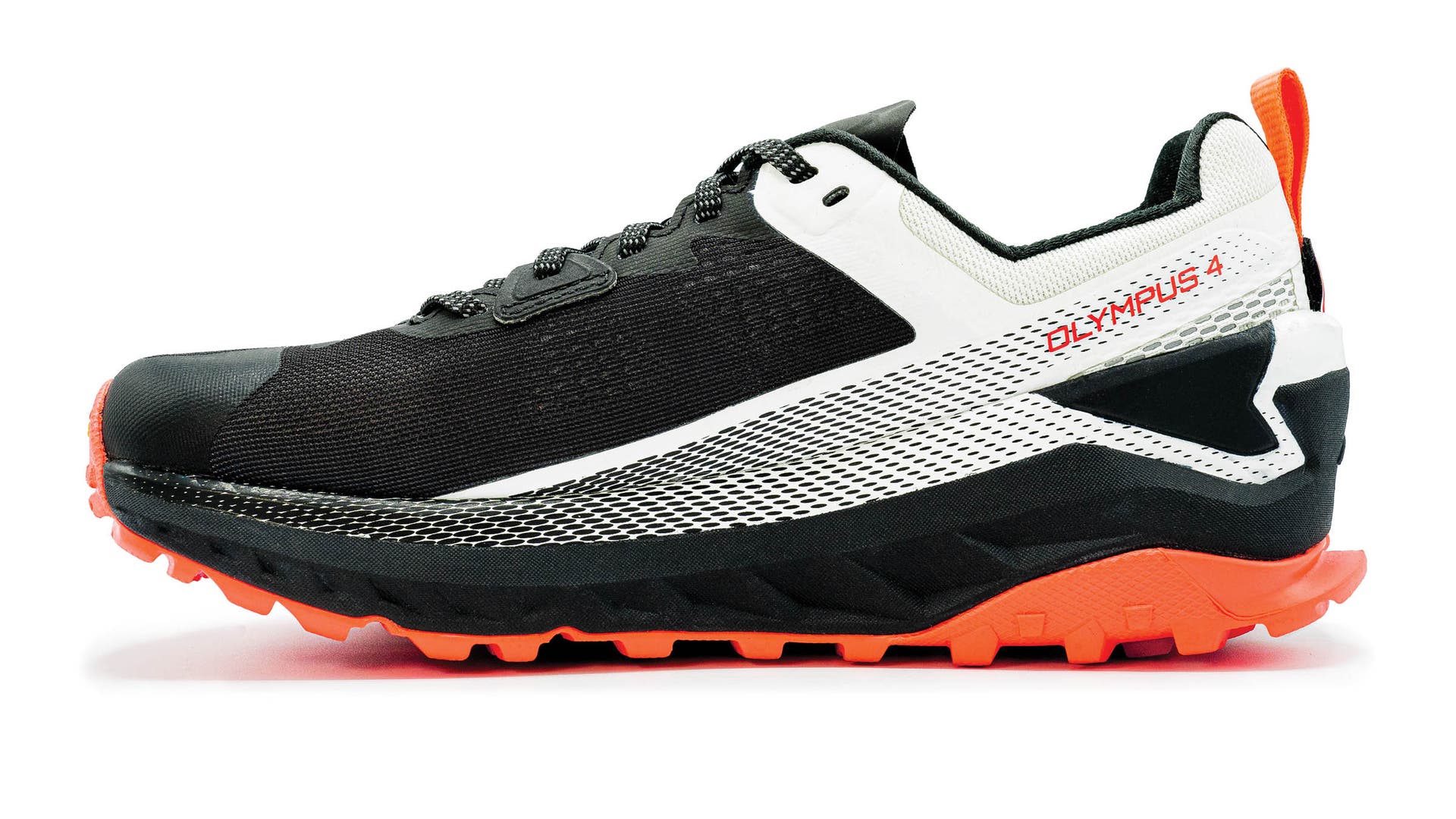 Altra Olympus 4 trail running shoe in black, white and orange