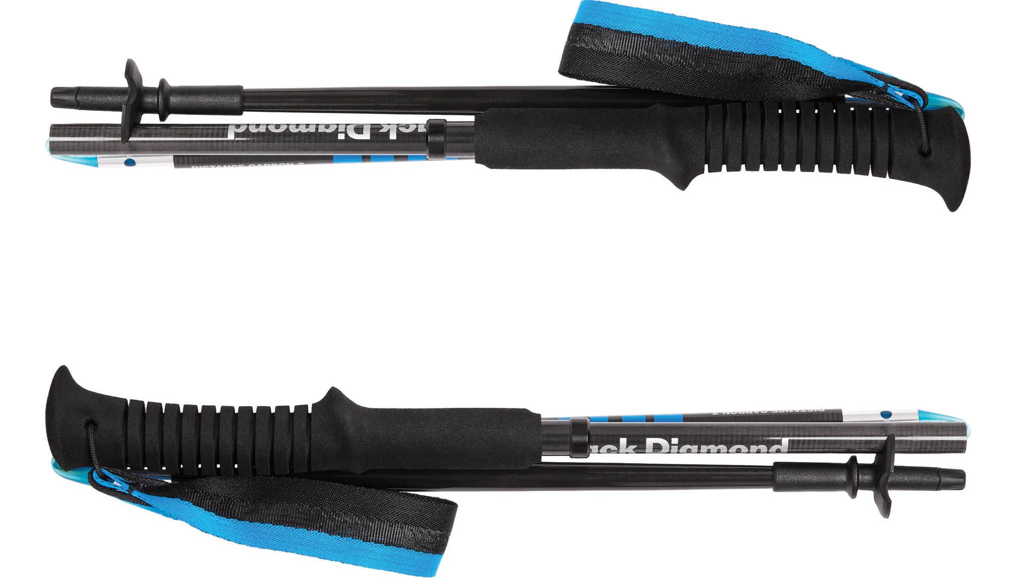 Blue and black trekking poles folded up