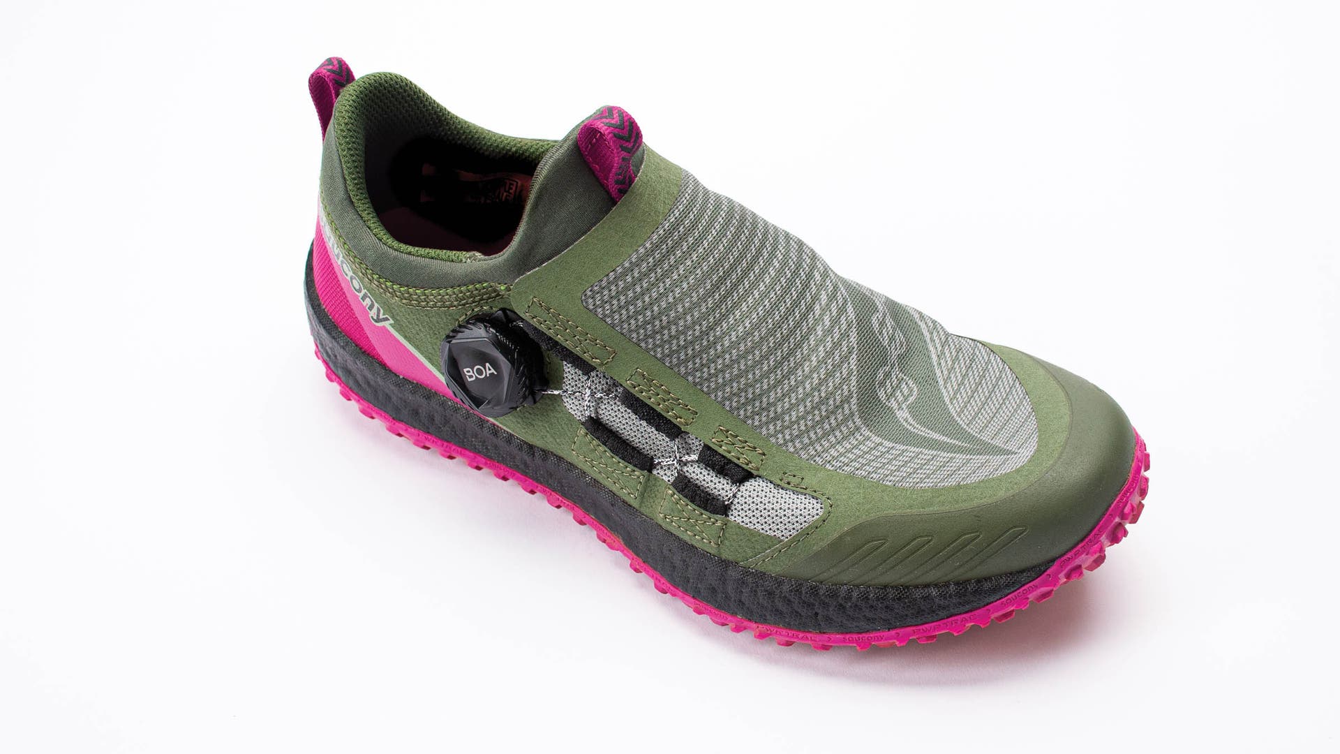 Saucony Switchback 2 shoe in olive and pink