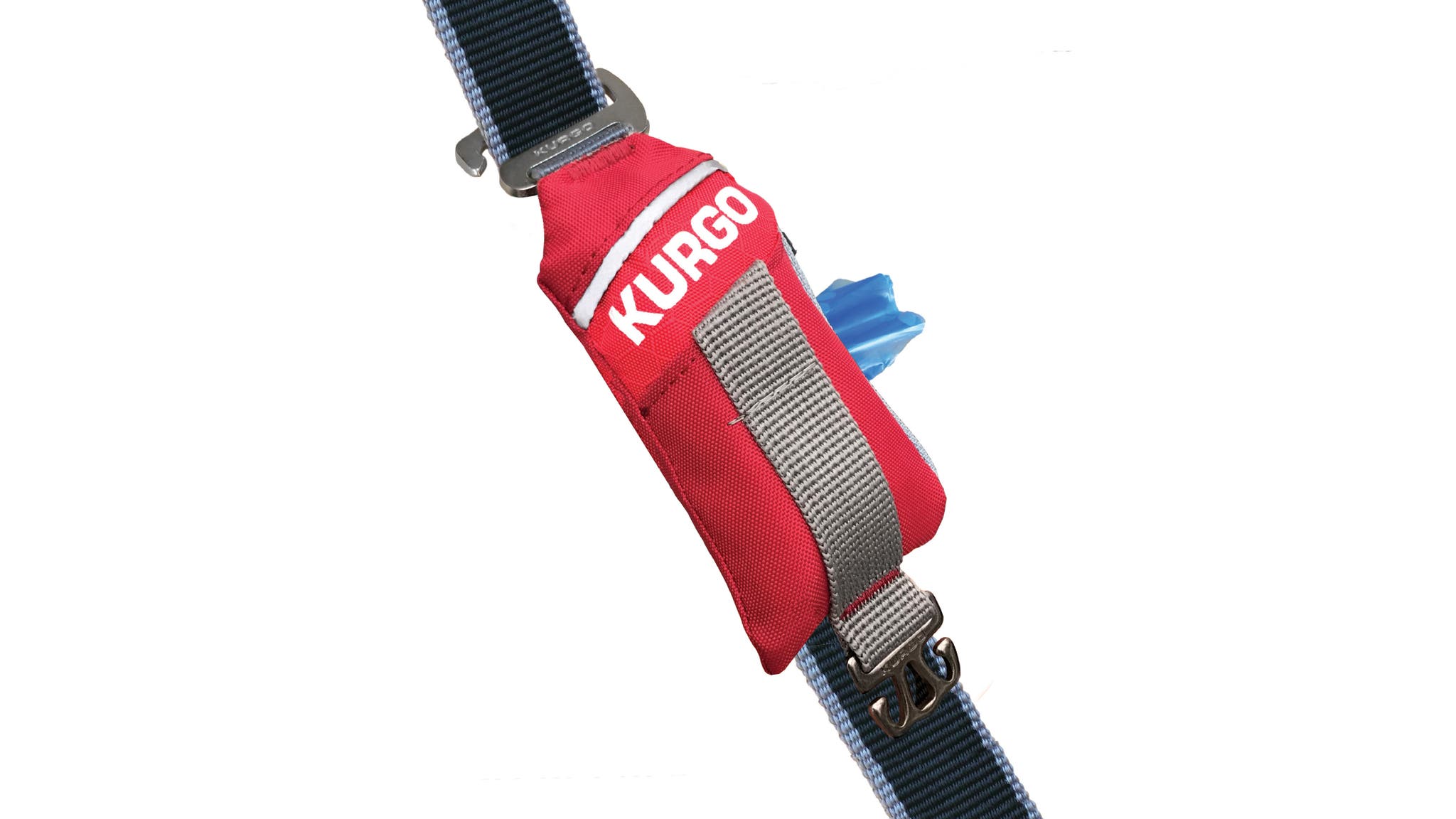 Red fabric bag on a dog leash