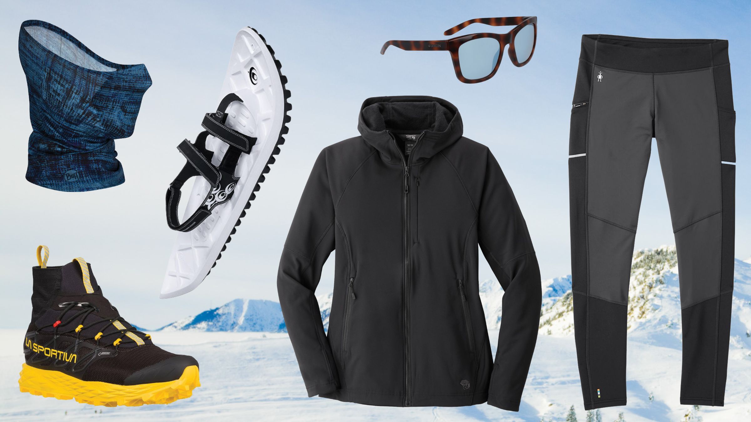 A collection of gear for snowshoeing