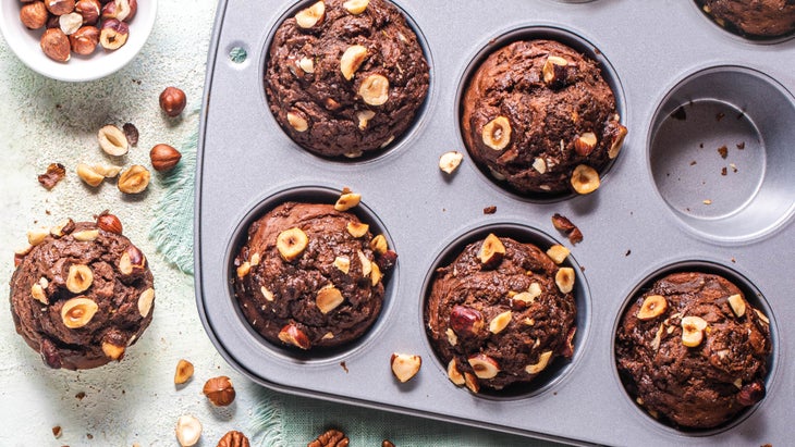 Chocolate hazelnut muffins in a pan