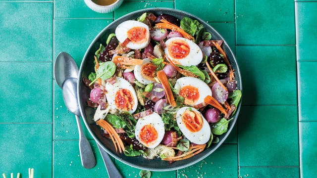 Spinach Salad with Crispy Artichokes & Basil Dressing