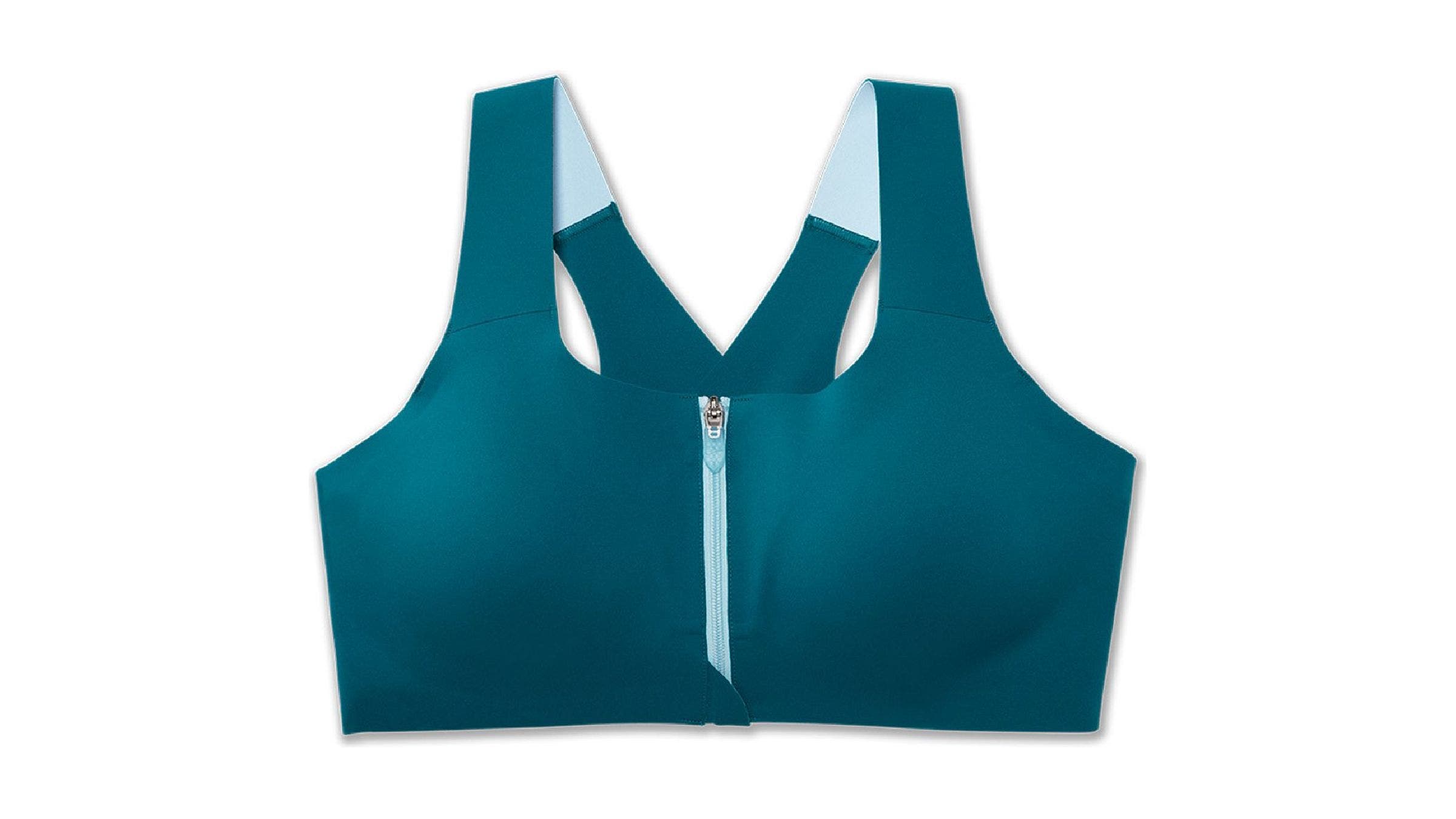 Teal Brooks Running Dare Zip-front sports bra