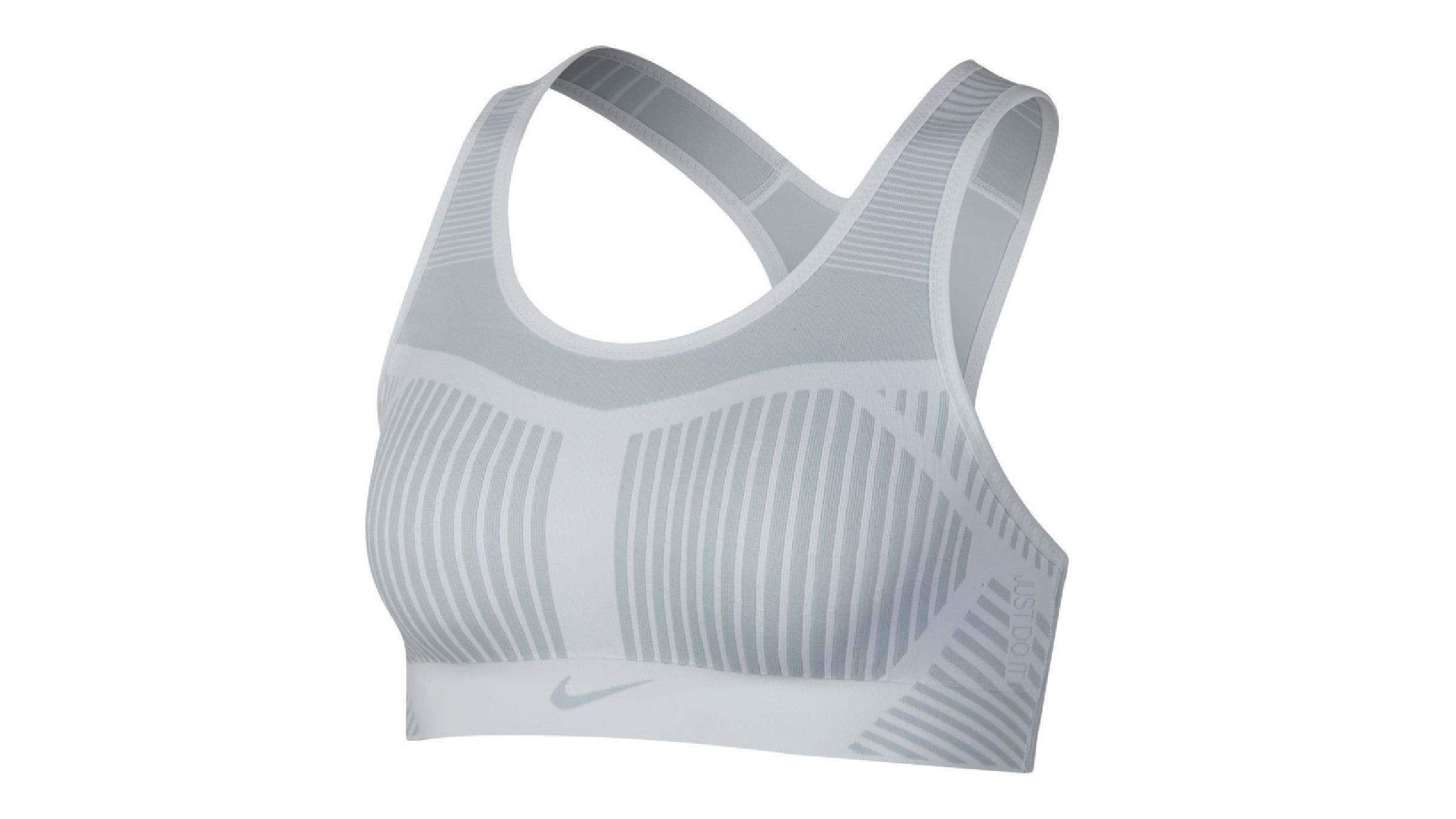 Grey striped Nike FeNom Flyknit sports bra