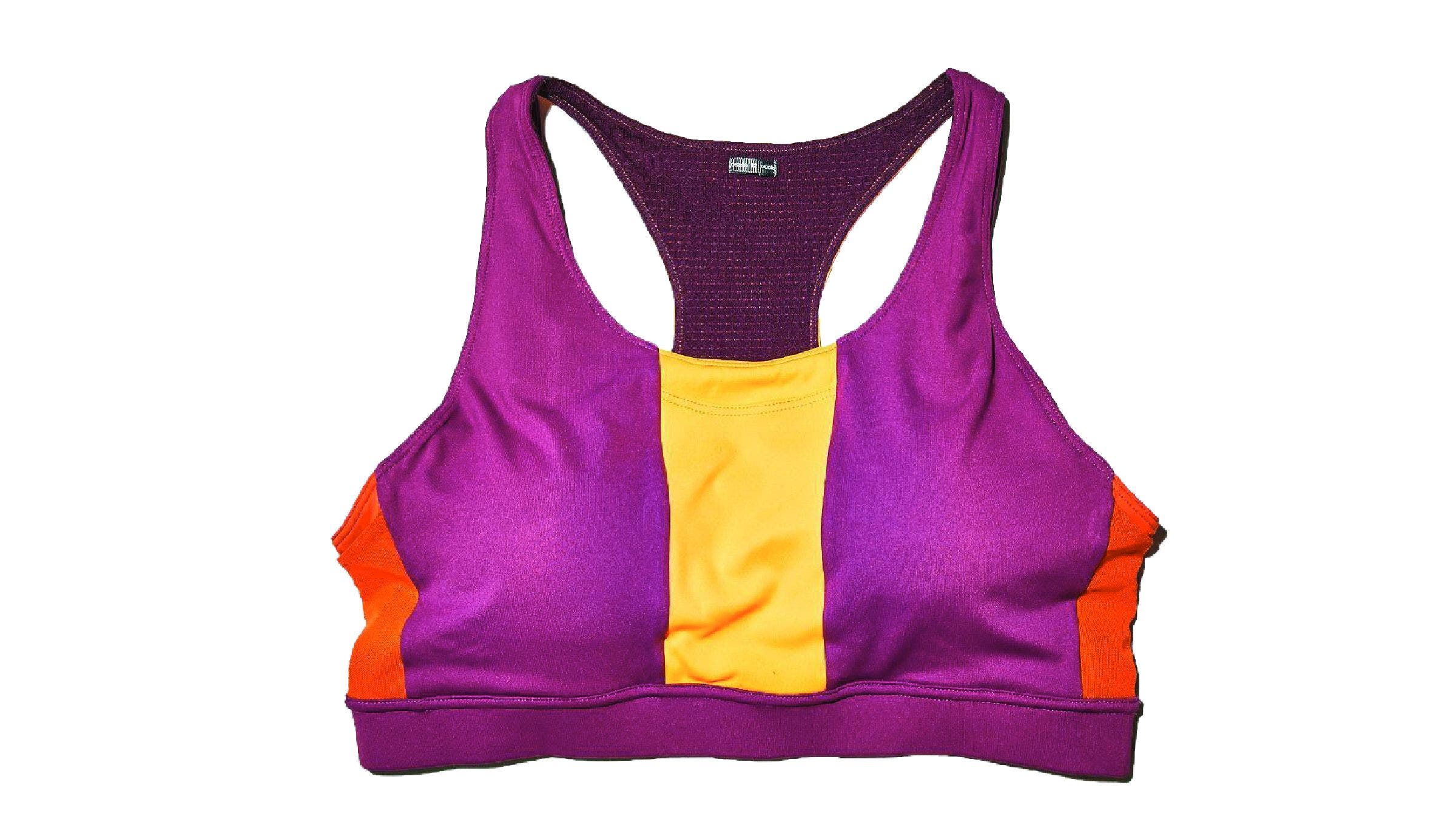 Purple and yellow Oiselle Pockito Bra