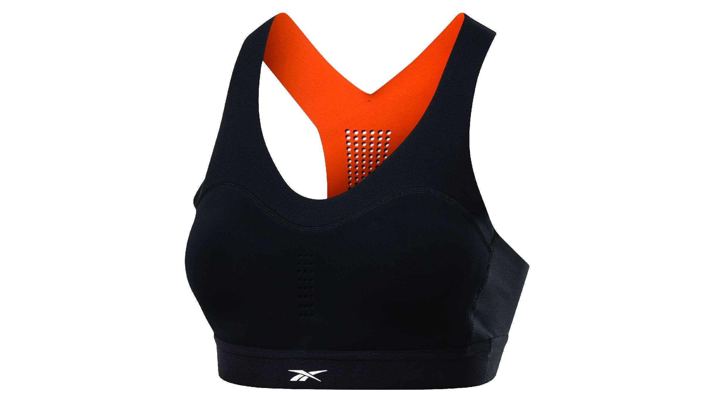 Black Reebok Pure Move Bra with bright orange lining