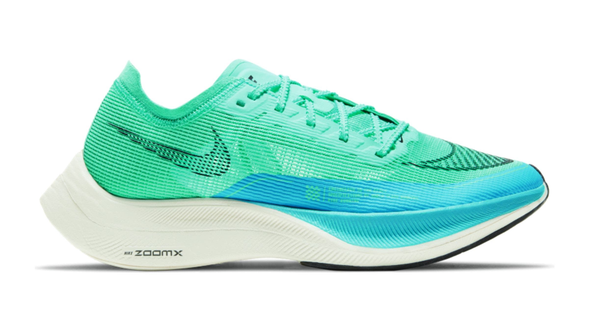 Light green and blue Nike Vaporfly NEXT% 2 running shoe