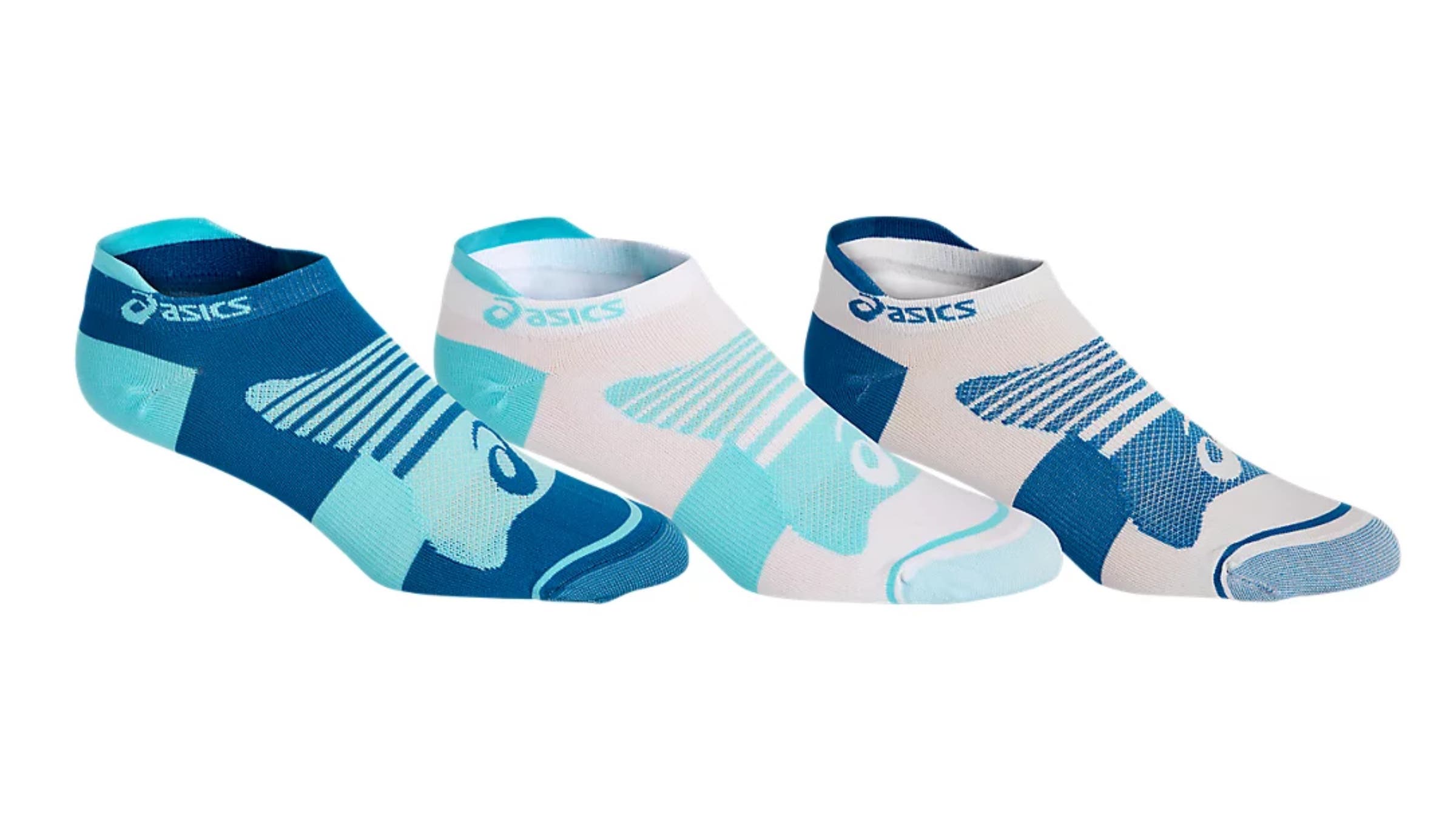 Three different blue and white no-show socks