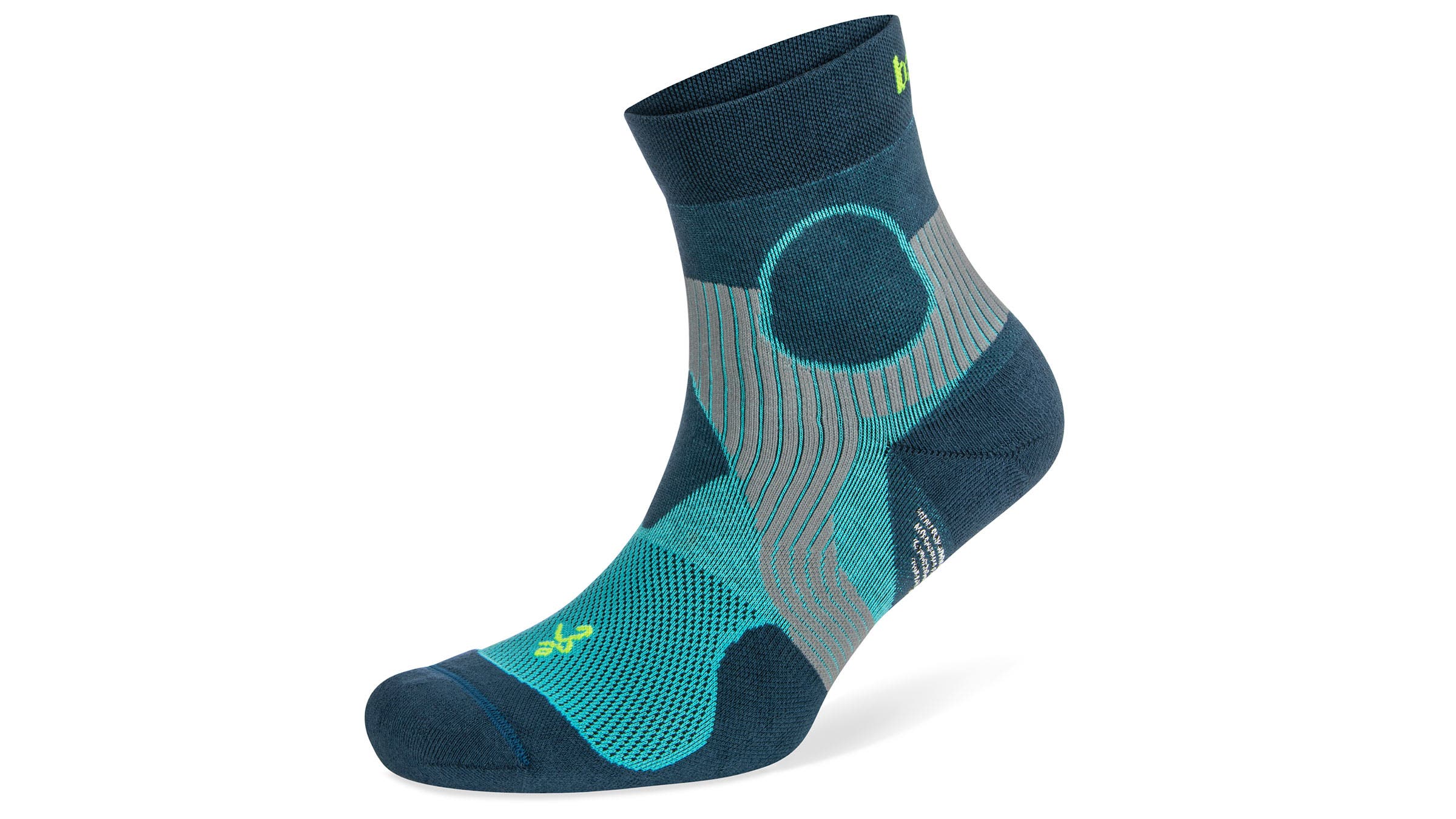 crew height running socks in blue and green tones