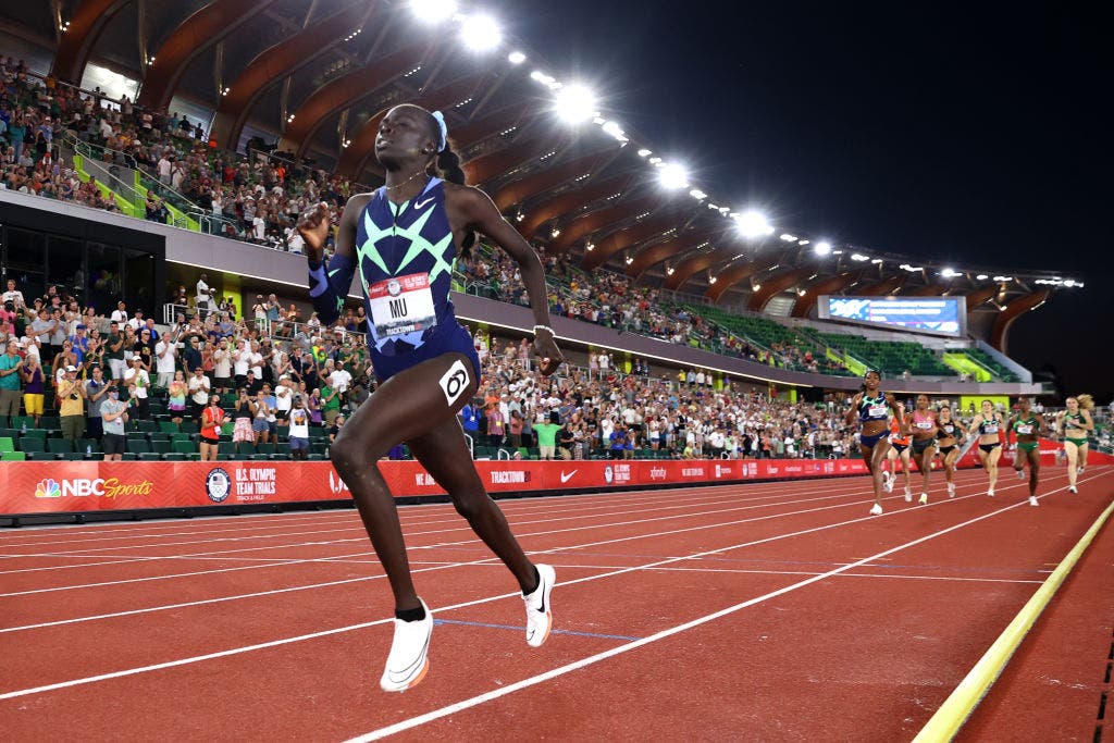 Athing Mu competes in the Olympic Trials 800 Meters Final during day ten of the 2020 U.S. Olympic Track & Field Team Trials at Hayward Field on June 27, 2021 in Eugene, Oregon.