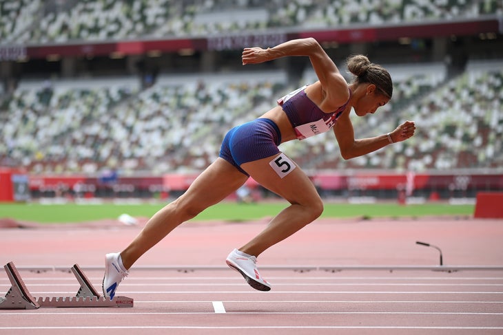 Sydney McLaughlin of Team United States competes in round one of the Women's 400m hurdles heats on day eight of the Tokyo 2020 Olympic Games at Olympic Stadium on July 31, 2021 in Tokyo, Japan.