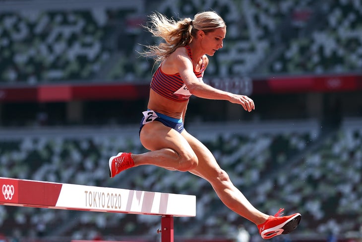 Emma Coburn of Team United States competes in round one of the Women's 3000m Steeplechase heats on day nine of the 2021 Olympics