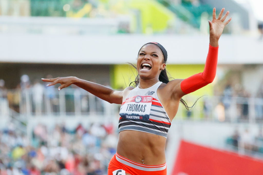 Gabby Thomas celebrates after crossing the finish line to win the Women's 200 Meters Final on day nine of the 2020 U.S. Olympic Track &amp; Field Team Trials at Hayward Field on June 26, 2021 in Eugene, Oregon.