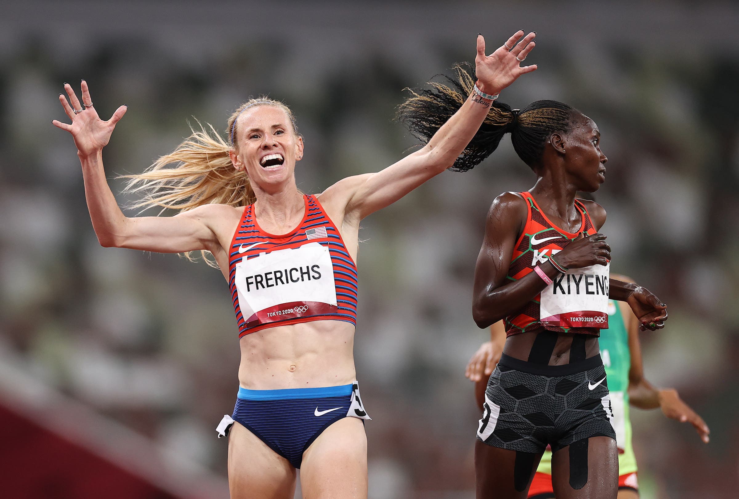 TOKYO, JAPAN - AUGUST 04: Courtney Frerichs of Team United States celebrates after winning the silver medal in the Women's 3000m Steeplechase Final on day twelve of the Tokyo 2020 Olympic Games at Olympic Stadium on August 04, 2021 in Tokyo, Japan. (Photo by Cameron Spencer/Getty Images)