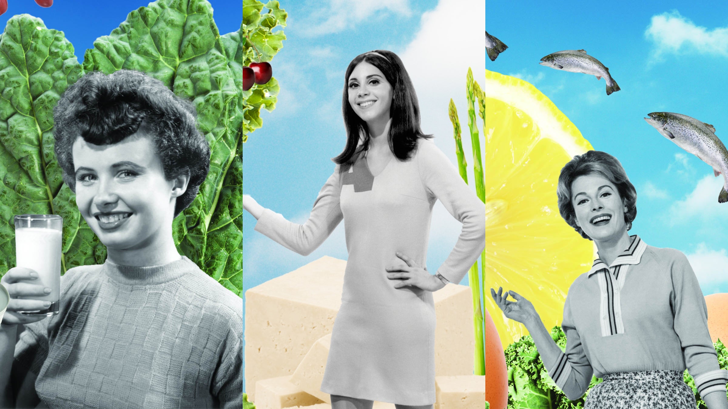 Composite of three black-and-white women over colorful background eating the best foods for their decade in life