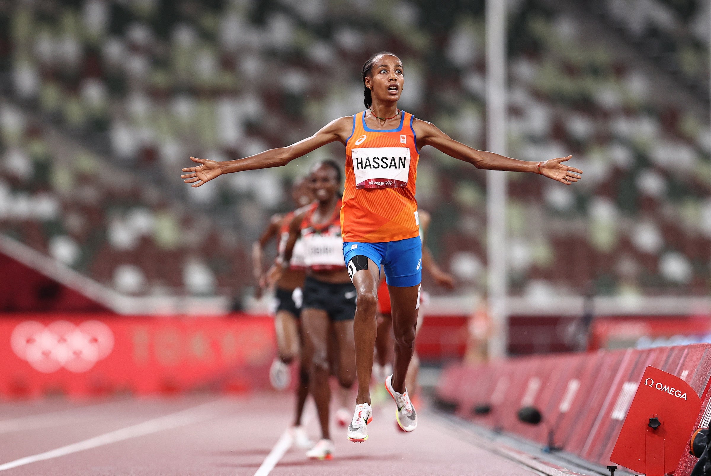 Sifan Hassan reacts as she wins the gold medal in the Women's 5000m Final on day ten of the Tokyo 2020 Olympic Games at Olympic Stadium at the Tokyo 2020 Olympics