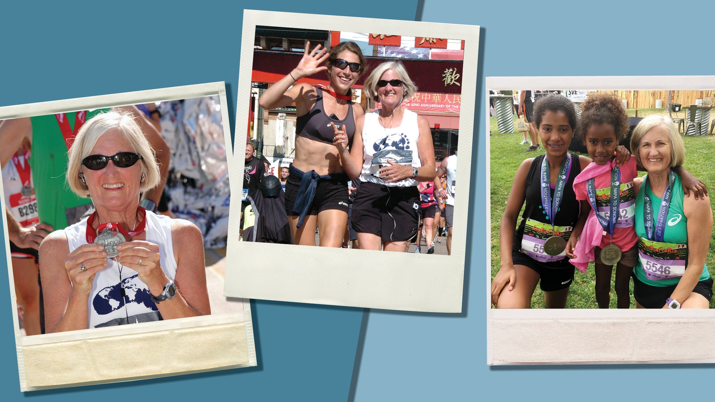 Three Polaroid-style images of Karen Bei, Sara Hall, and Karen Bei with her granddaughters