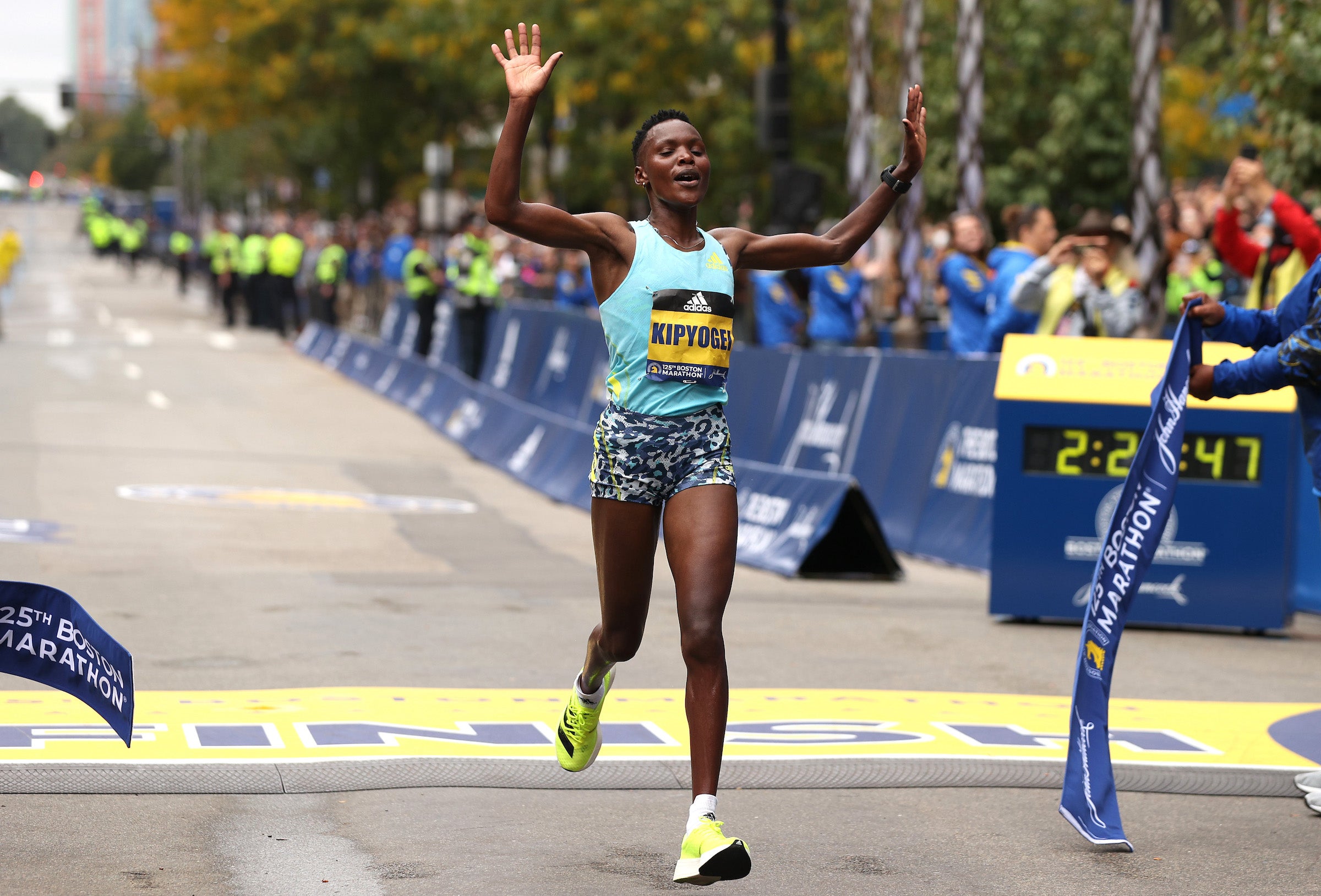 Diana Kipyogei of Kenya crosses the finish line to win the 125th Boston Marathon on October 11, 2021 in Boston, Massachusetts.