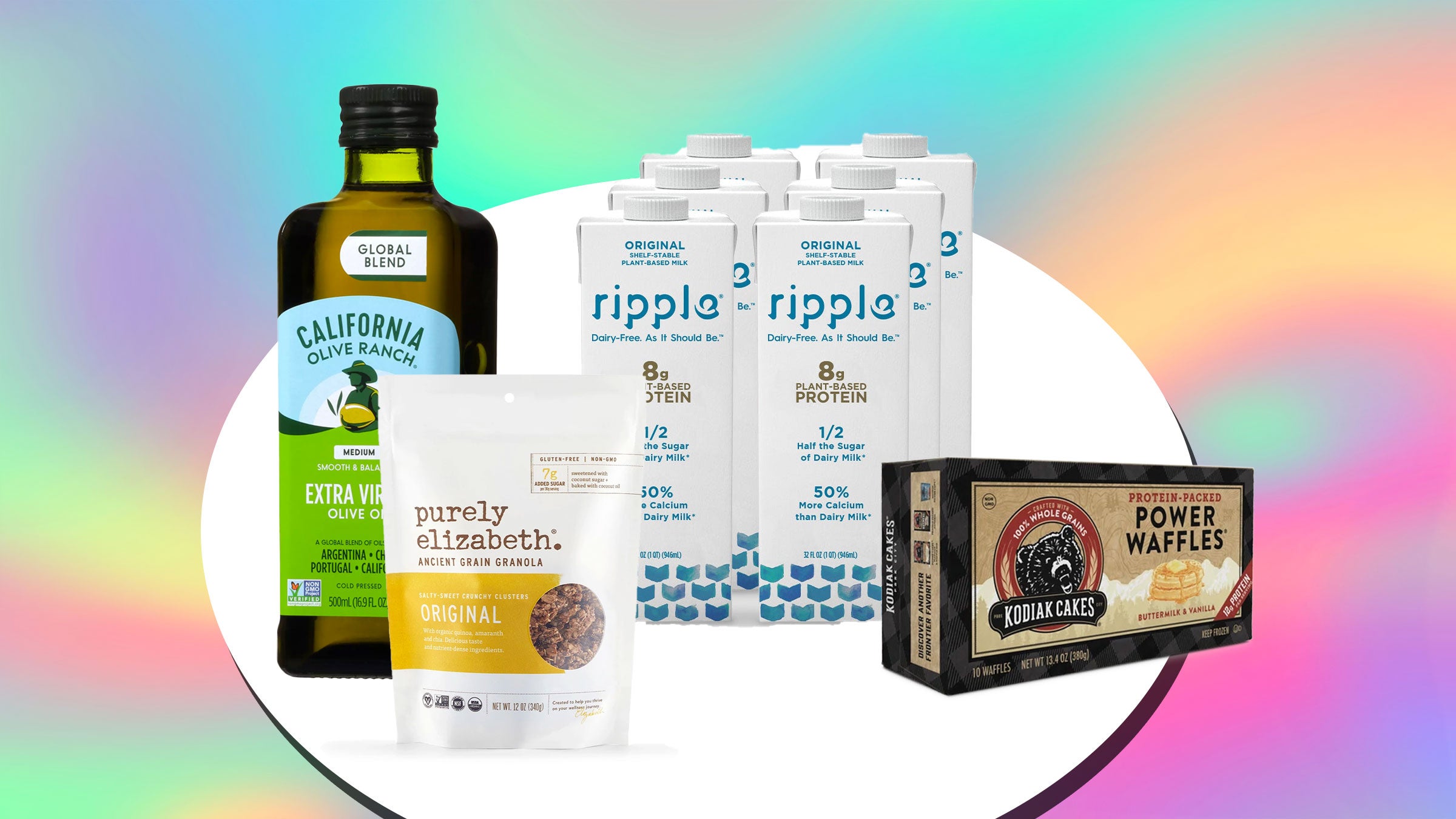 A variety of healthy pantry staples superimposed on a colorful background