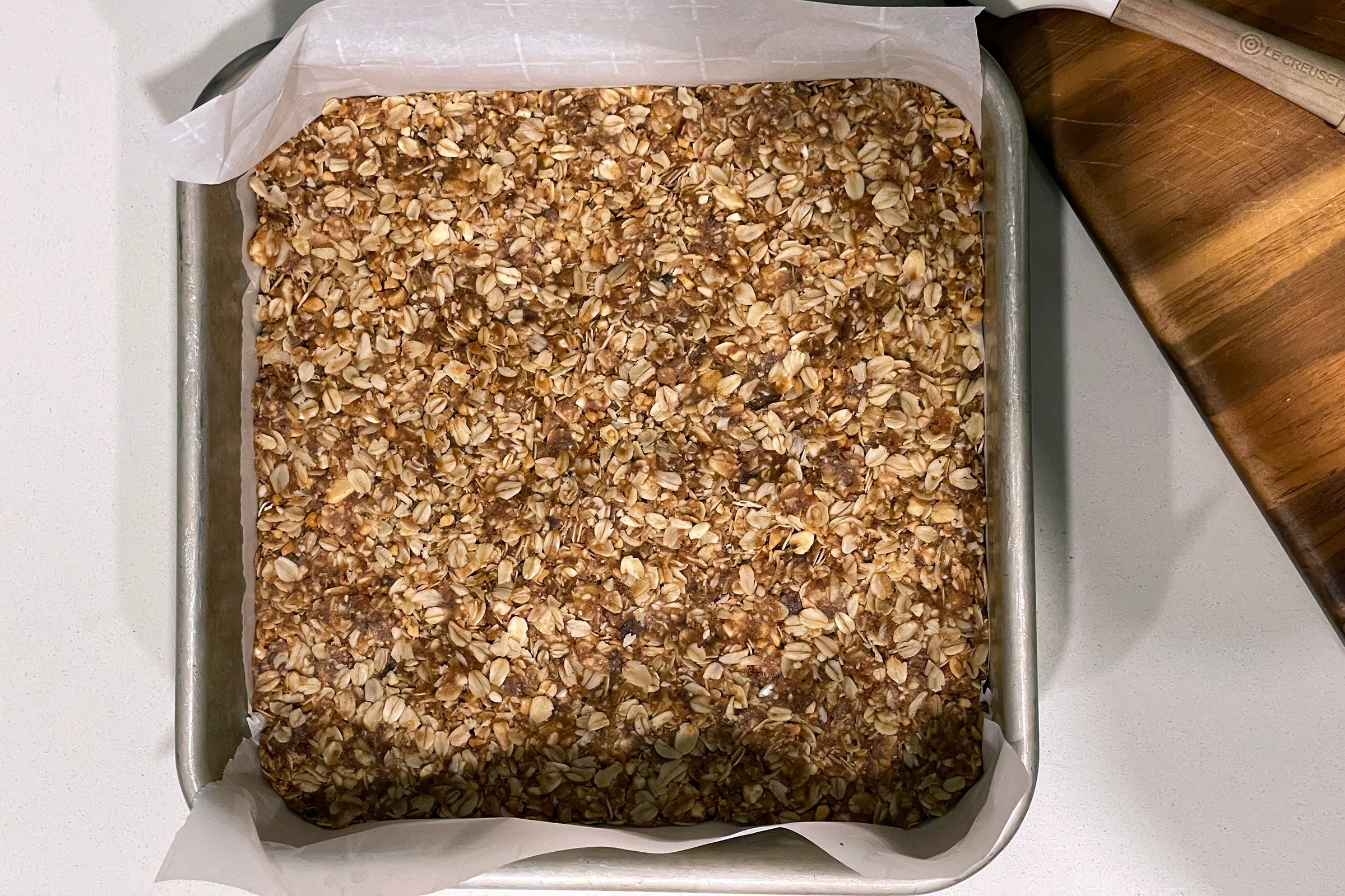 no-bake oat bar recipe in a square pan
