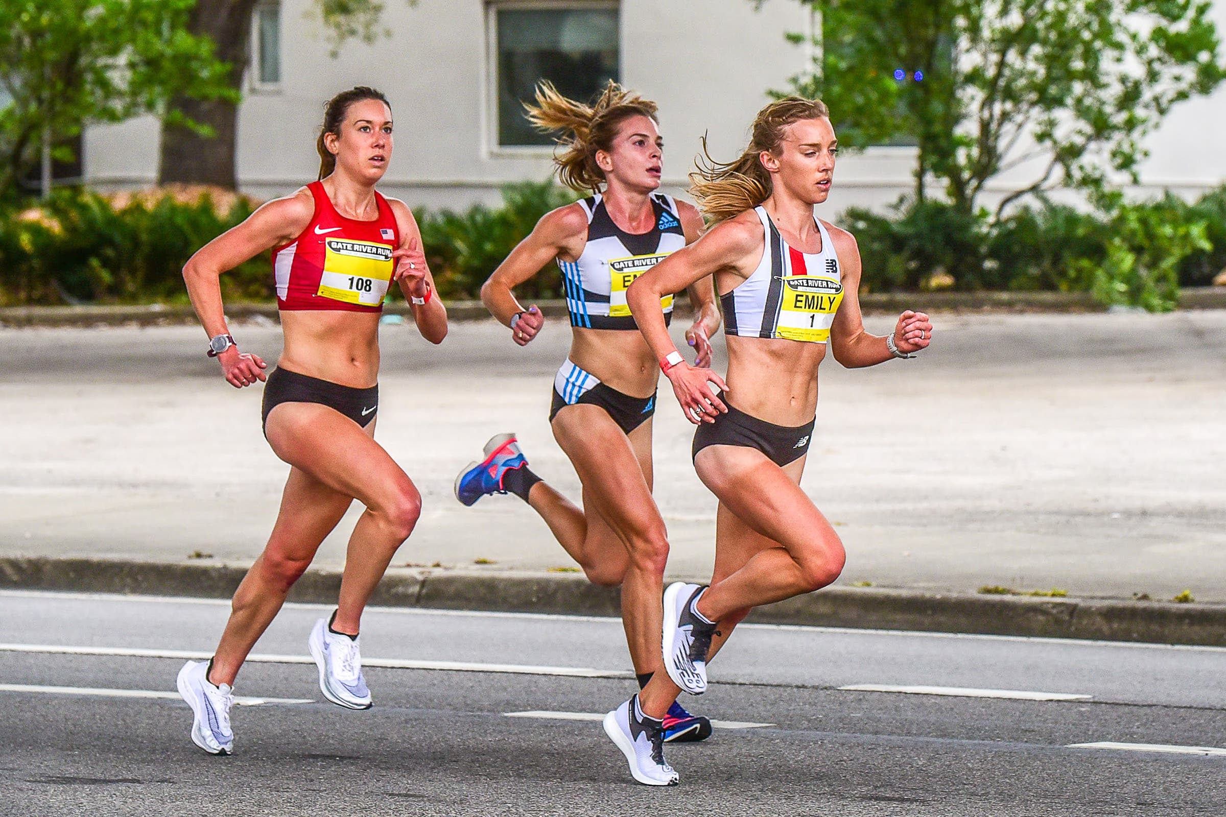 Emily Infeld, Emily Durgan, and Emily Sisson racing for the USATF 15K championships