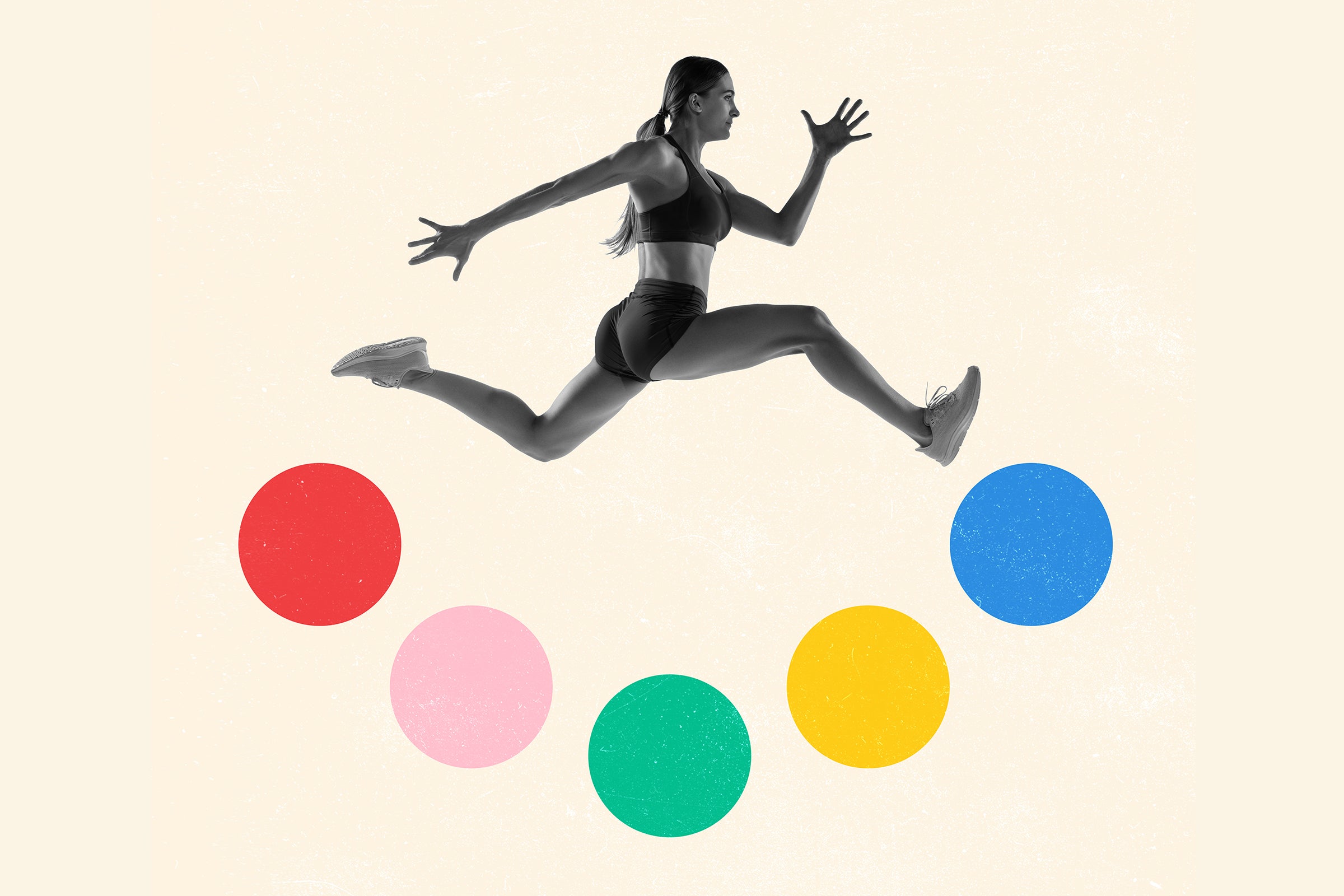 Young female athlete running above five multicolored circles on light background.