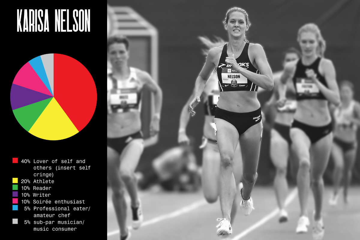 Karisa Nelson's self-definition in pie chart form next to a black and white photo of her running