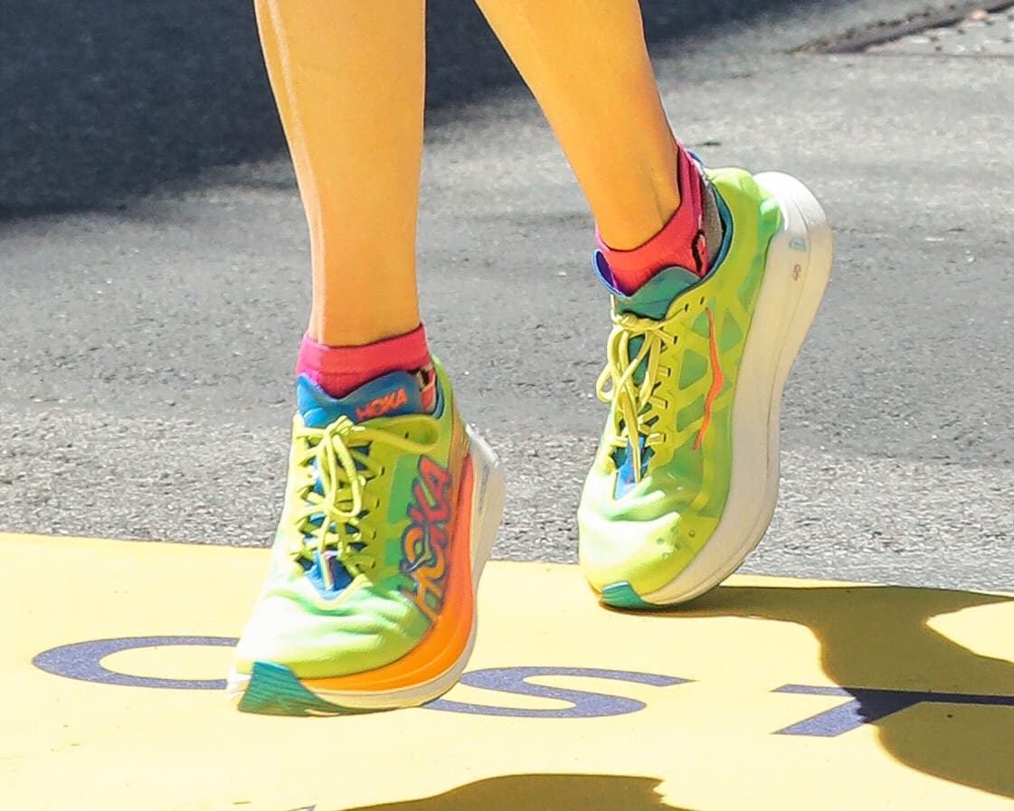 close up of Stephanie Bruce's unreleased HOKA Rocket X 2 shoes from the Boston Marathon