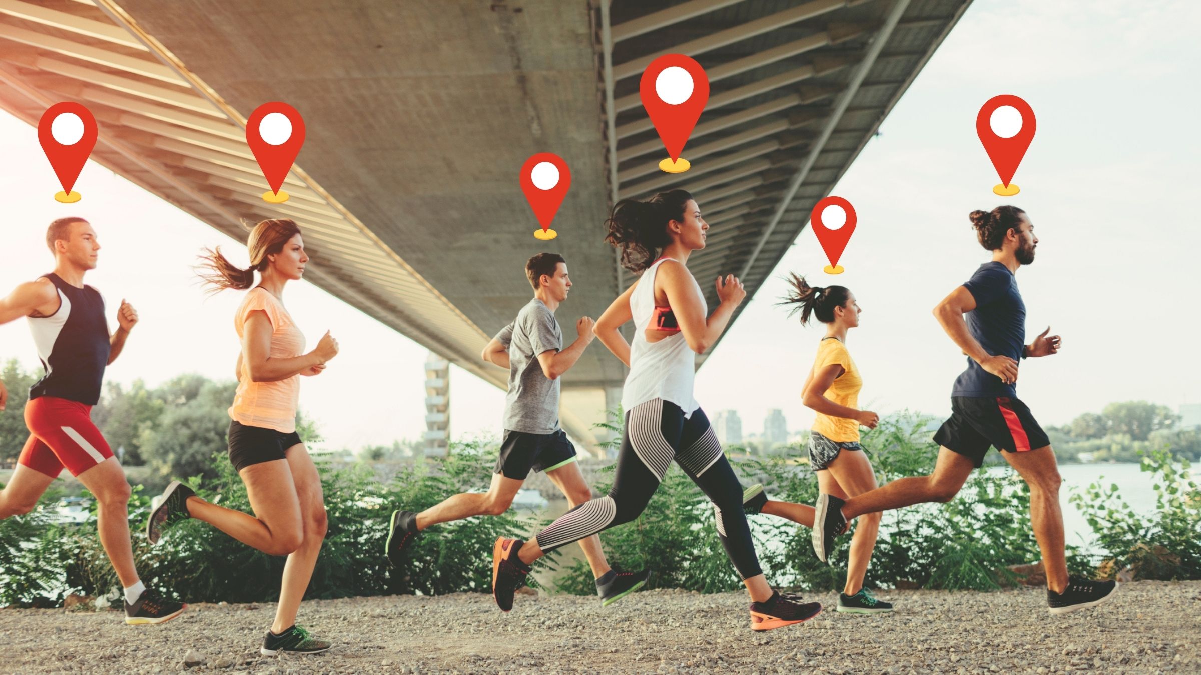 A group of runners with location tags over their heads